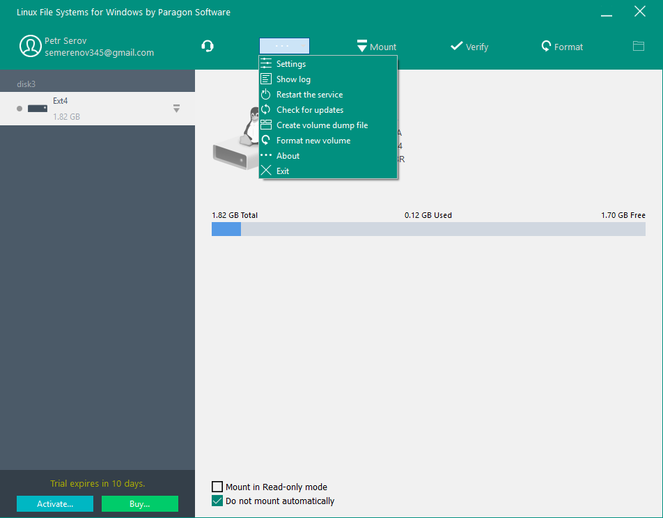 Linux File Systems for Windows by Paragon Software. Sformatuj, sprawdź integralność i napraw uszkodzone woluminy ExtFS. Zrzut ekranu.
