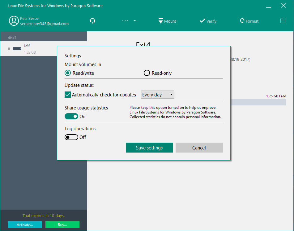 Linux File Systems for Windows by Paragon Software. Używaj woluminów Linux w trybie odczytu i zapisu. Zrzut ekranu.